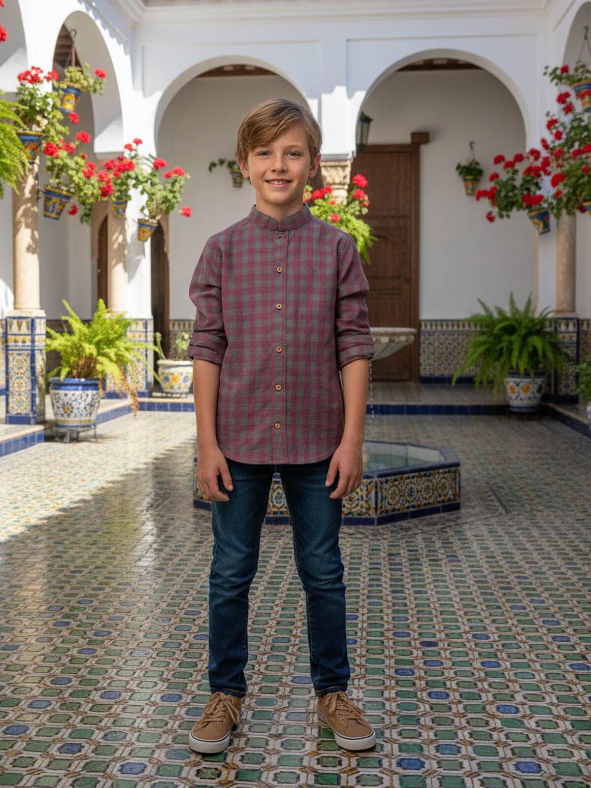 CAMISA NIÑO CUELLO MAO CUADRO BUGANVILLA