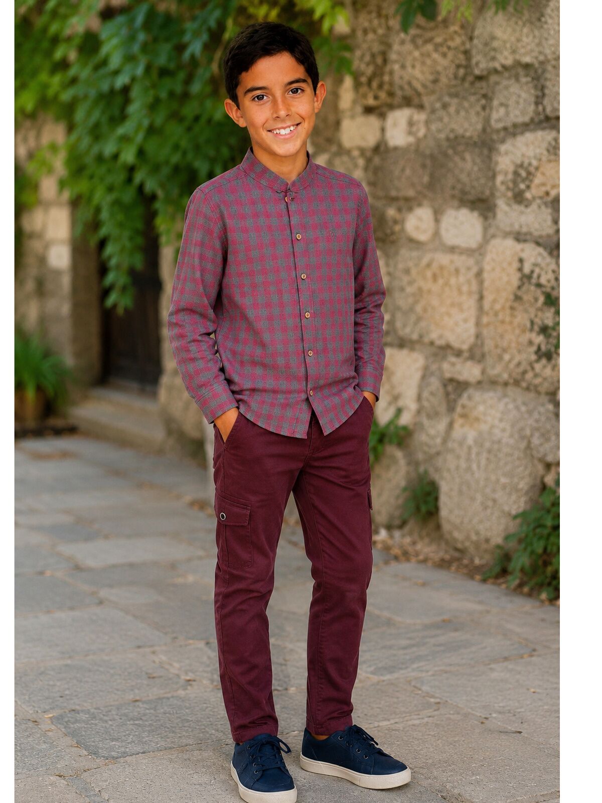CAMISA NIÑO CUELLO MAO CUADRO BUGANVILLA