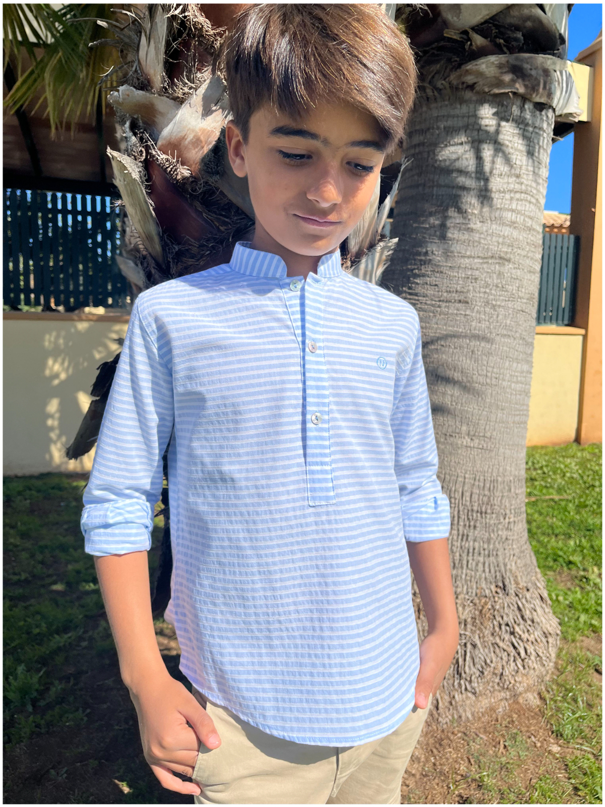 CAMISA NIÑO CELESTE RAYAS 