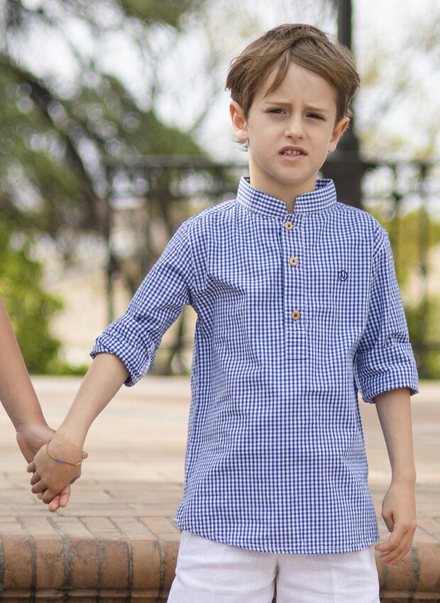 NAVY VICHY MAO COLLAR POLO SHIRT