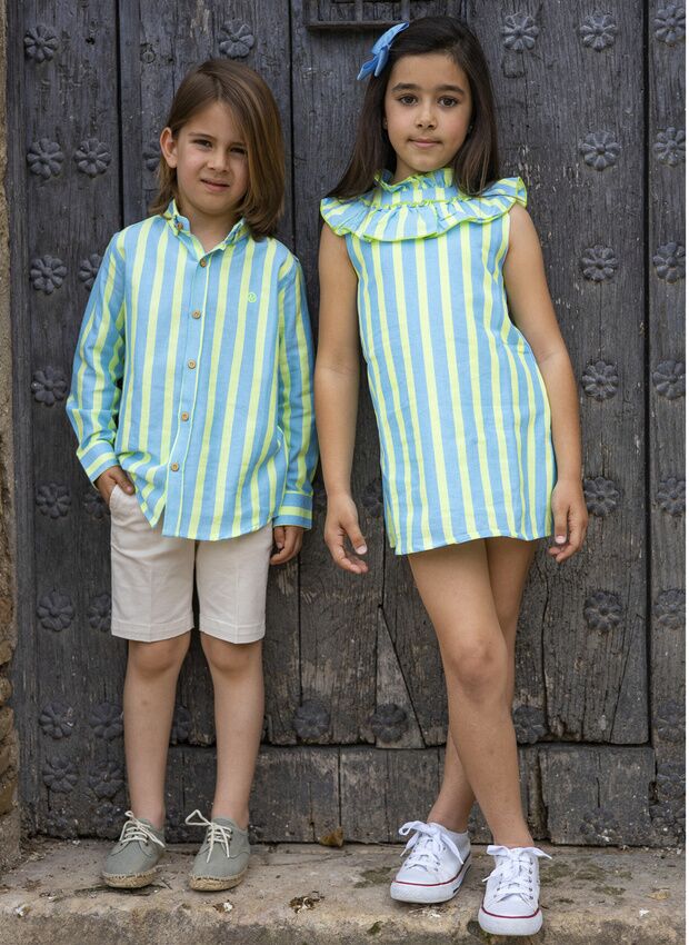 BOY'S SHIRT WITH BLUE AND FLUORINE STRIPES