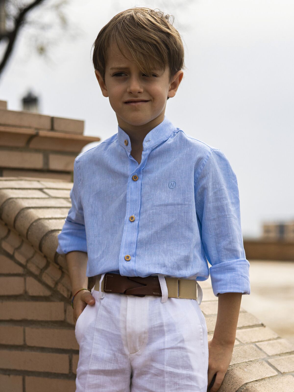 CAMISA LINO CUELLO MAO CELESTE