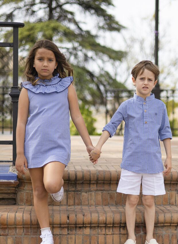 VESTIDO NIÑA CORTO VICHY MARINO CON VOLANTE