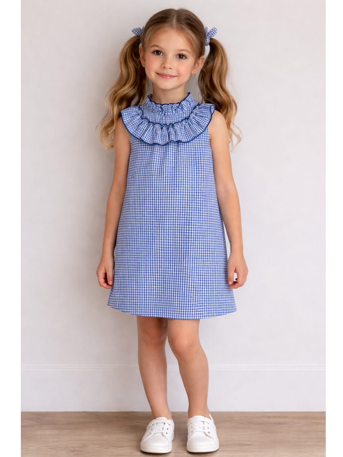 VESTIDO NIÑA CORTO VICHY MARINO CON VOLANTE