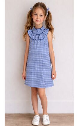 VESTIDO NIÑA CORTO VICHY MARINO CON VOLANTE