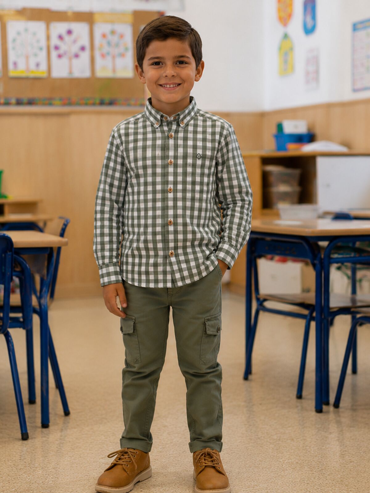 CAMISA NIÑO CUELLO MAO VICHY VERDE