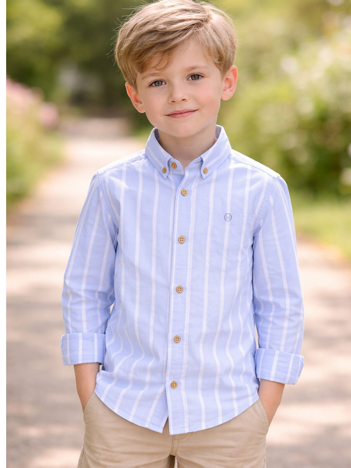 CAMISA NIÑO BASICA AZUL RAYAS BLANCAS